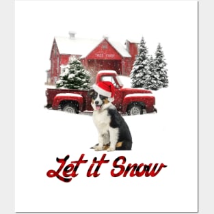 Australian Shepherd Let It Snow Tree Farm Red Truck Christmas Posters and Art